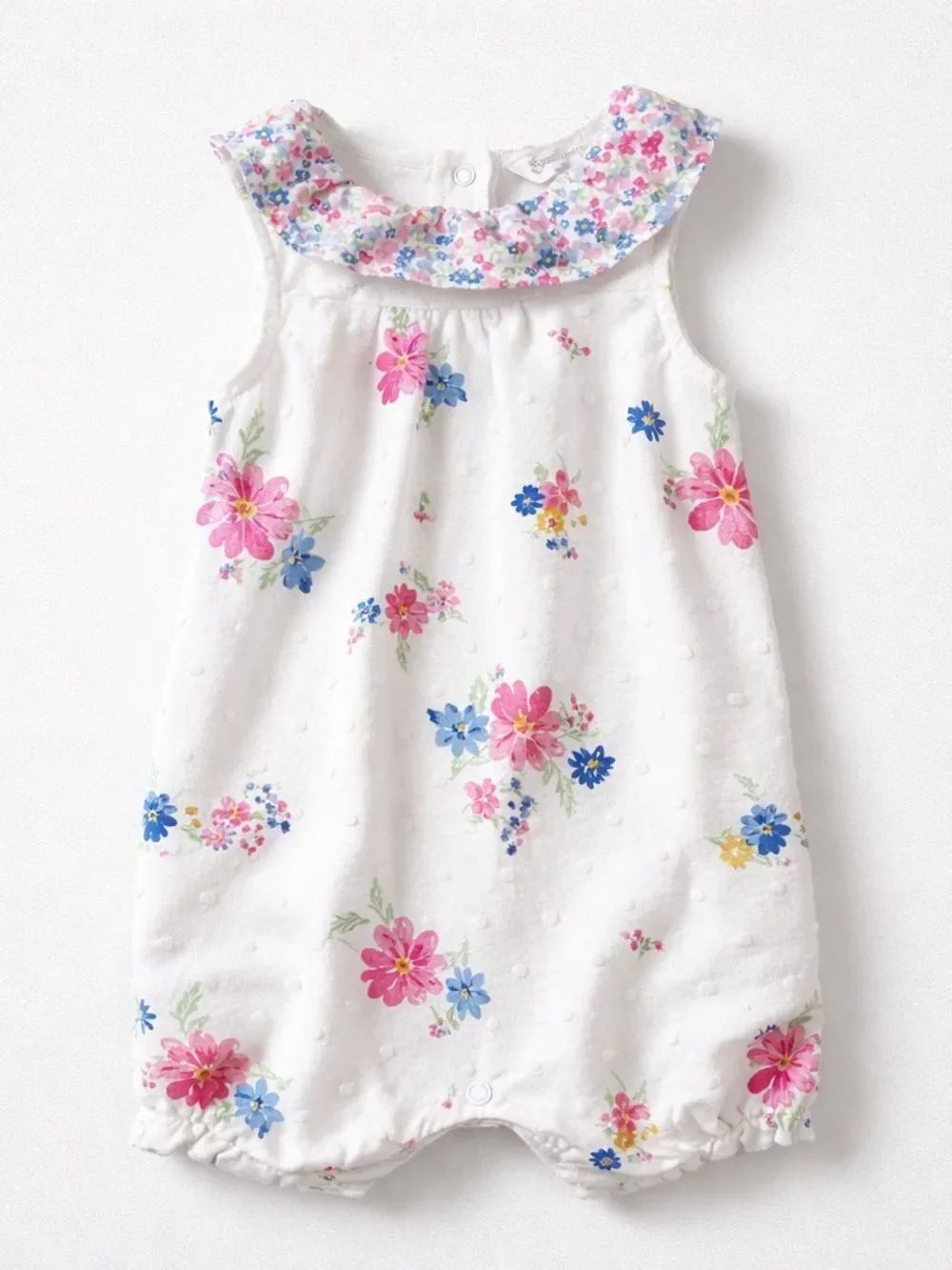 Emily and Oliver white and multicolored floral clip dot cotton romper size 3-6 m